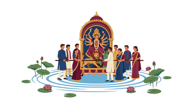 Stylized vector illustration of Goddess Durga idol on an ornate palanquin carried by Indian men and women in traditional sarees and kurtas, Durga Puja festival celebration background.
