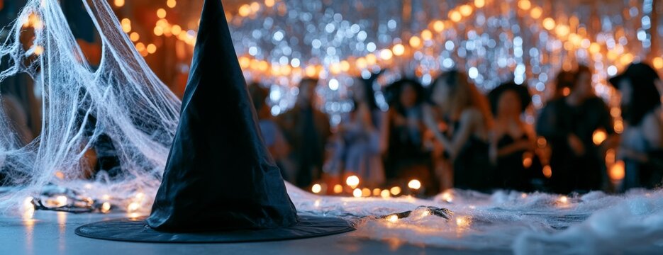 Black witch hat on a table with a festive background at Halloween party  