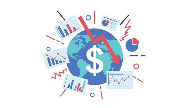 Conceptual illustration showing a global economic crisis with a red arrow going down over a dollar sign on earth.
