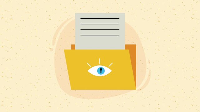 Confidential folder with sensitive documents animation concept with eye and keyhole graphic dynamic motion.