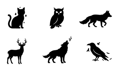 Obraz premium Silhouette Animals Vector Icons: Cat, Owl, Fox, Deer, Wolf, Raven Collection