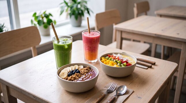 Bright healthy breakfast spread with colorful smoothies with bowl layered granola fruit