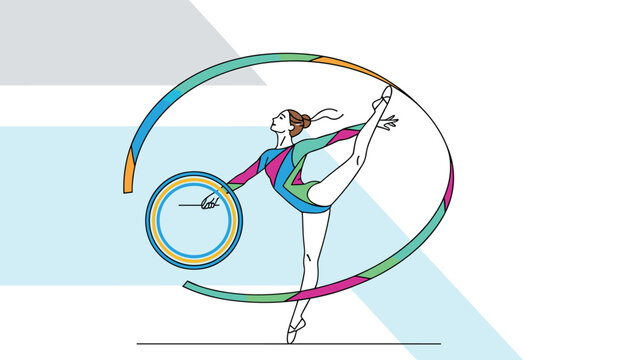 Graceful gymnast performing a rhythmic gymnastics routine with a colorful hoop and ribbon on a light background.