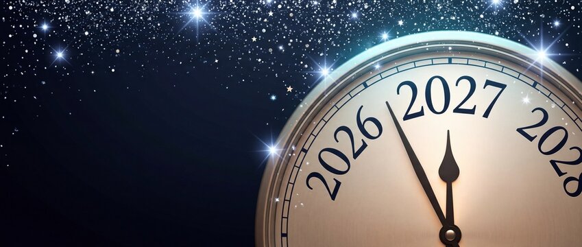 New year countdown clock showing transition from 2026 to 2027 with sparkling night sky background
