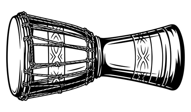 African djembe percussion drum side profile with rope tension cords black white vector