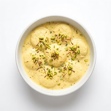 Rasmalai dessert with saffron and pistachios isolated on white background