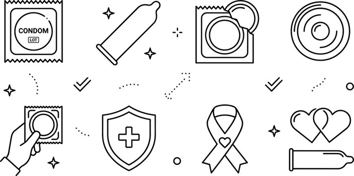 PrintSafe Sex and Condom Line Icon Set with Contraception Protection Symbols for Sexual Health Awareness Education and Medical Designs