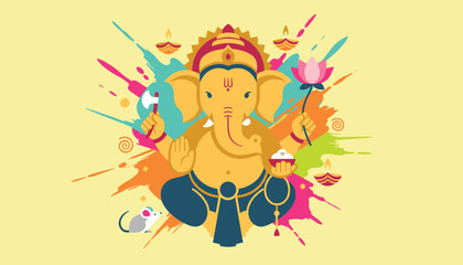 Naklejka premium Lord Ganesha illustration with vibrant colorful paint splashes, oil lamps, lotus flower, and a little mouse helper.