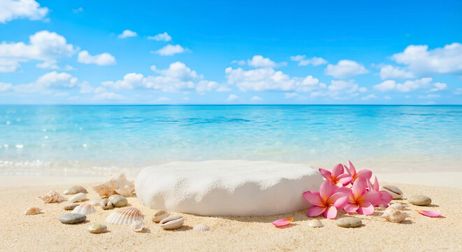 White stone podium on tropical beach with pink plumeria and seashells - Summer product display - Horizontal banner