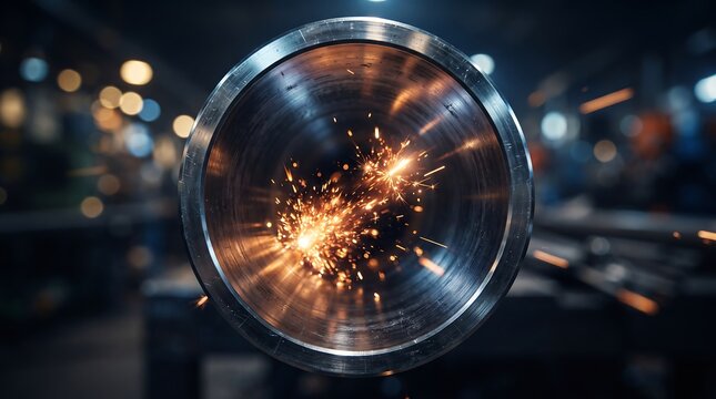 Close-up view of industrial pipe grinding with sparks flying, metalworking process, engineering, manufacturing, and skilled labor in factory setting, dark background with bokeh lights.