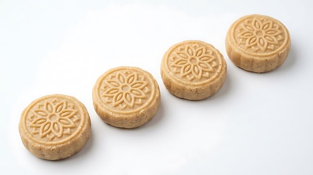 Traditional indian sweet peda with floral pattern isolated on white background