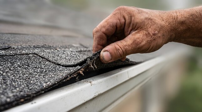 Worker's dirty hand lifting damaged asphalt roof shingles near a gutter for professional home maintenance and building restoration service concept