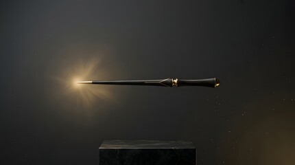 Levitating black magic wand with glowing golden tip over dark marble pedestal.