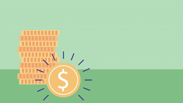 Woman showing credit card with stack of gold coins and dollar symbol in flat vector animation style.
