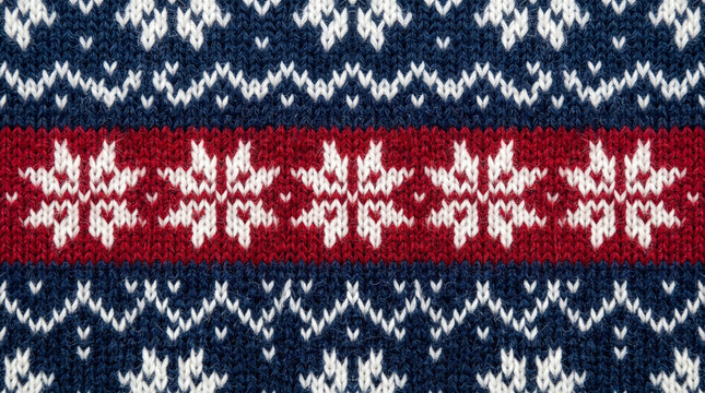 Close up of a traditional nordic pattern knit texture with red white and navy colors
