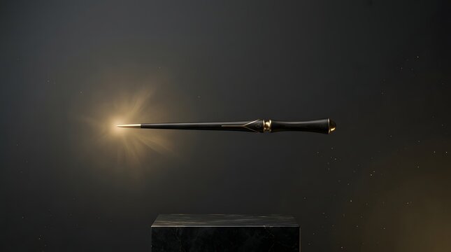 Levitating black magic wand with glowing golden tip over dark marble pedestal.