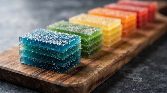 Colorful Fruit Jelly Candy Squares with Sugar Coating on Wooden Board &ndash; Rainbow Homemade Gummy Dessert Sweets