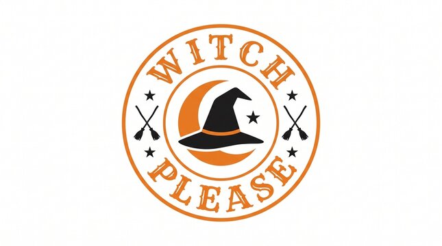 Witch please text logo featuring a crescent moon and magical hat symbol inside a circular orange frame on white background