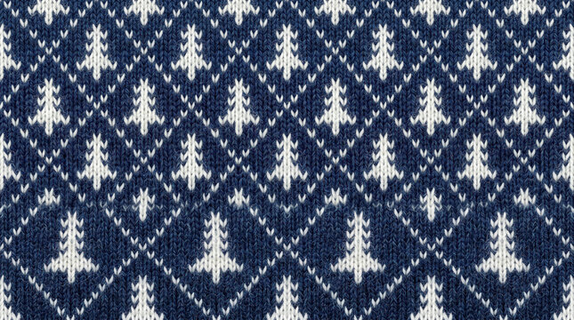 Dark blue knit sweater texture with repeating nordic winter holiday tree pattern