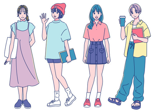 夏のファッション　元気な若い女子学生のセット