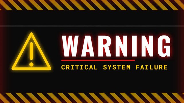 Warning sign, glowing yellow triangle with exclamation mark and white warning text, critical system failure message, black background with yellow stripes, symbolizing caution and alertness