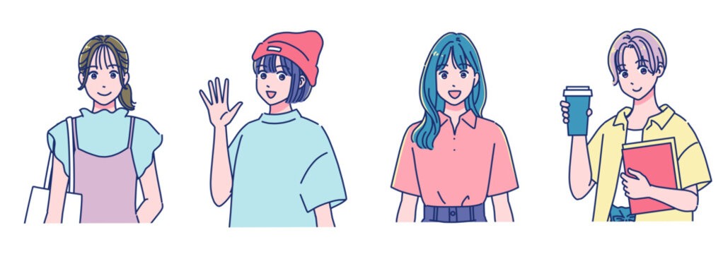 夏のファッション　元気な若い女子学生のセット