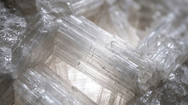 Macro photography of sedimentary gypsum evaporite rock surface displaying translucent interlocking fibrous selenite crystal structures and cleavage planes