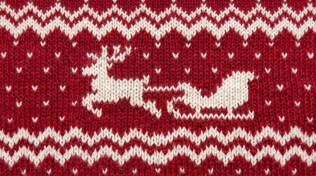 Seamless christmas sweater pattern with reindeer and sleigh in red and white