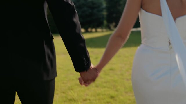 Back view of a newlywed couple walking hand in hand across a green lawn on a sunny day. The groom wears a black suit, and the bride wears a beautiful white gown, celebrating their love and union