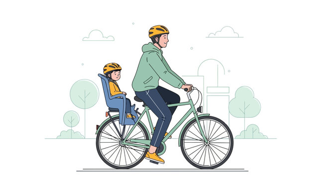 Family cycling adventure: parent and child on a bicycle with helmet