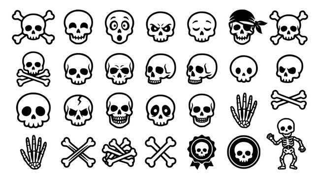 Cartoon skull and crossbones icon set with skeleton heads bones pirate symbols and editable black vector designs