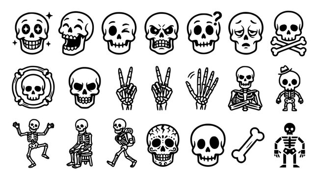 Playful cartoon skull skeleton icon collection with crossbones bones Halloween pirate and black vector symbols