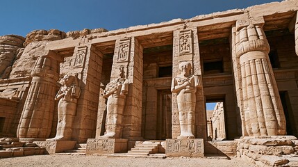 Naklejka premium ancient egyptian temple facade with large stone statues