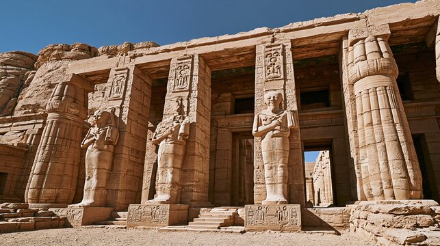 ancient egyptian temple facade with large stone statues