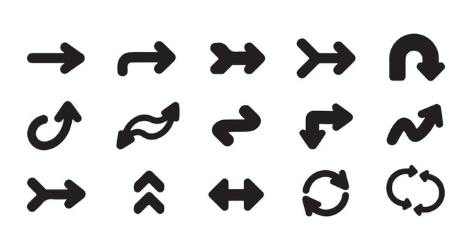 Black arrow icon pack containing various directional UI elements for application menus and digital website systems.
