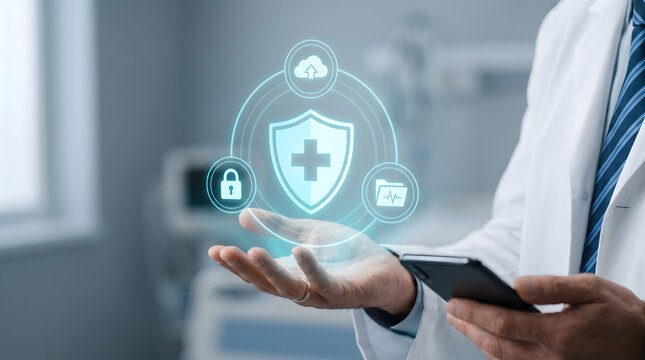 Professional doctor holding glowing medical data security hologram and smartphone in hospital for advanced digital healthcare and patient privacy protection concept