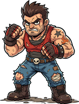 Tough pixel art fighter character in a fighting stance, ripped jeans and studded gloves, ready for combat