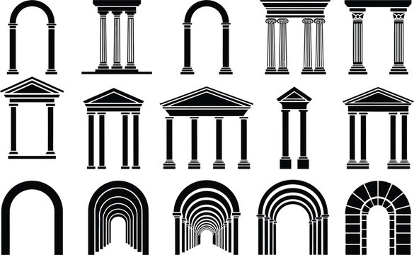 Vector collection of classic ancient greek and roman arch elements temple pediments facades and columns icon set in black silhouette style