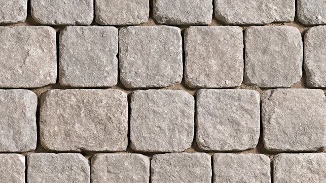 Close-up view of grey rectangular cobblestone pavement pattern