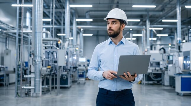 Professional engineer wearing white hard hat holding laptop while standing in modern industrial factory for smart production and engineering management concept