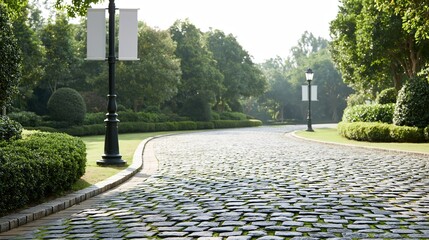 Obraz premium Empty cobblestone road winding through lush green park
