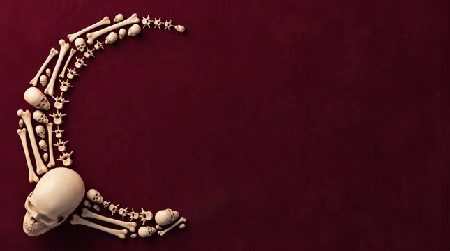 Human skull and bones arranged in a crescent moon shape on a dark red velvet background.