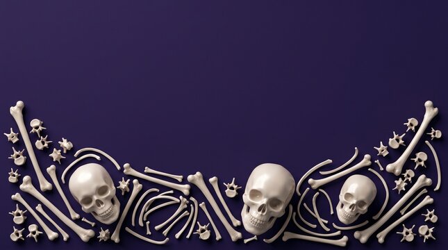 Human skulls and bones border on dark purple background for Halloween design template