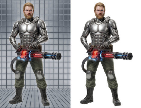 Ironclad Citadel Enforcer holding Heavy Sci-Fi Minigun, 3D Male Character Design Split View Asset with Silver Tile Grid and Transparent Background