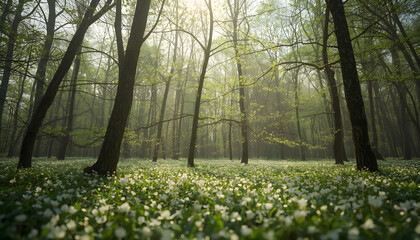 Obraz premium Sunlight filtering through spring forest trees over green blooming ground