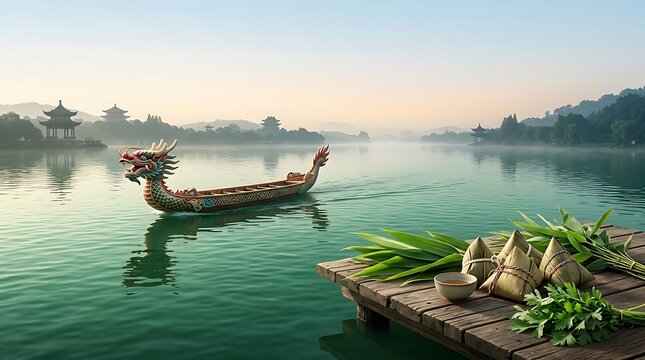 Traditional Chinese dragon boat festival celebration with zongzi dumplings and tranquil lake landscape at sunrise