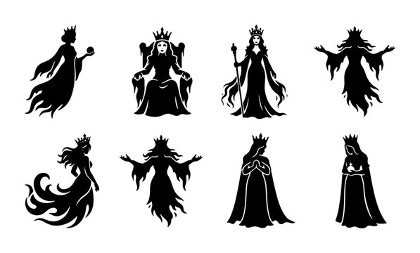 Silhouette Queens, Royal Women, Fantasy Figures, Elegant Goddesses, Vector Icons