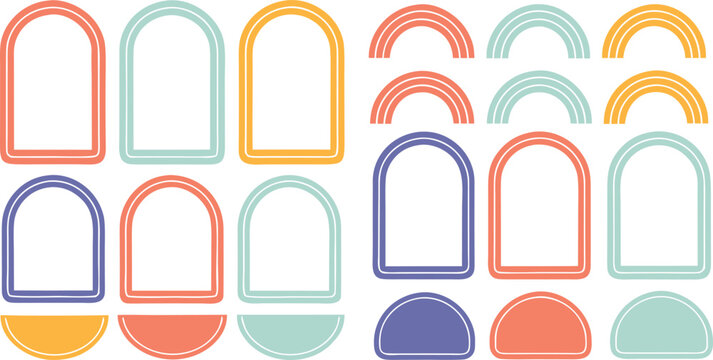 Modern Retro Arch Frames Half Circles and Multi-Line Rainbows Vector Set on Transparent Background
