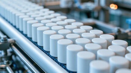 Fototapeta premium White pharmaceutical capsules moving along factory production line