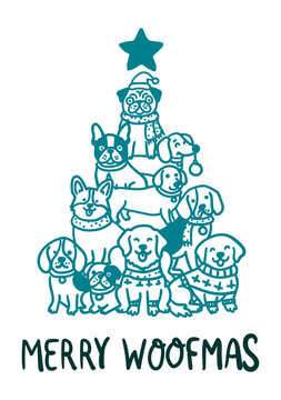 Merry woofmas greeting card design with a cute christmas tree made of various dog breeds